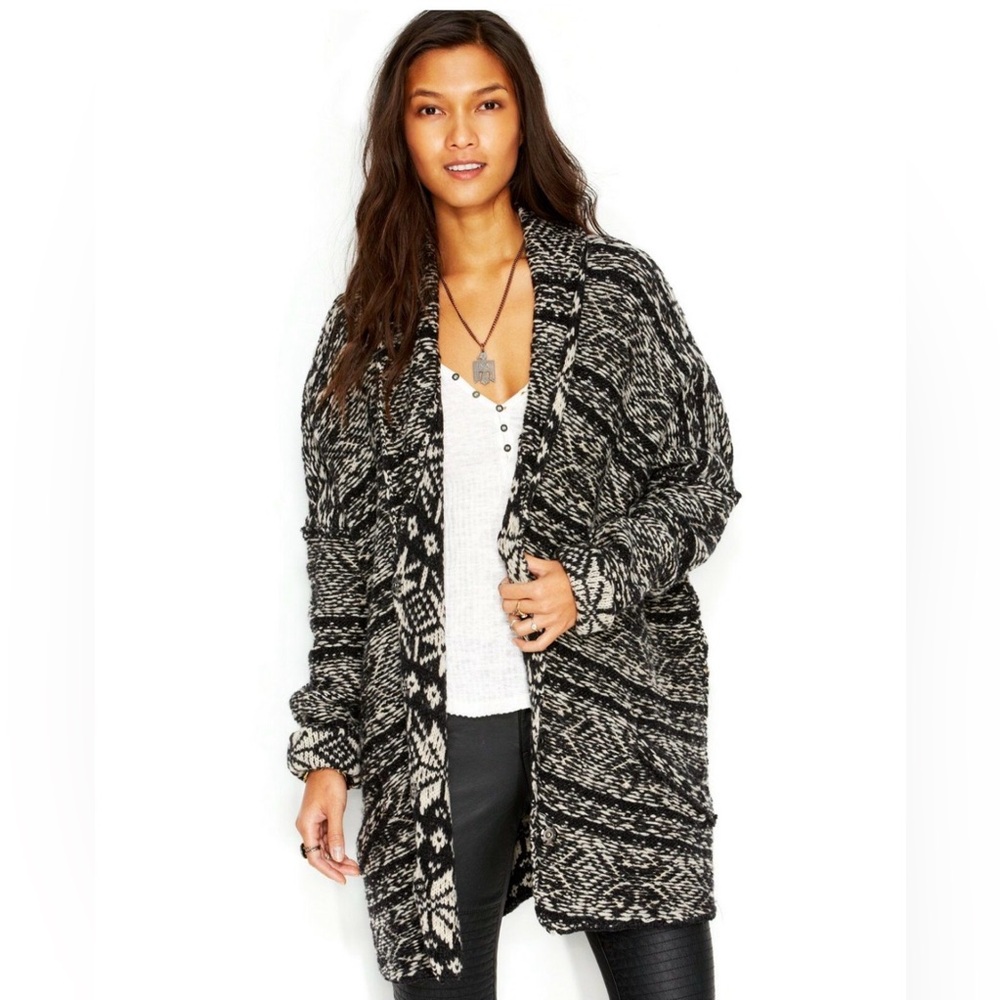 Free People Hidden Snowflake Oversized Cardigan in Black and White Wool